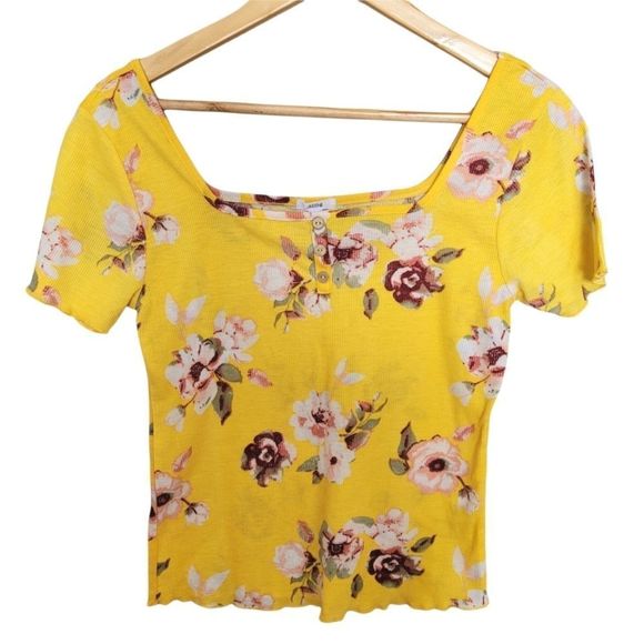 Ardene Yellow Floral Super Soft Ribbed  Short Sleeve Top  Large - Picture 1 of 7